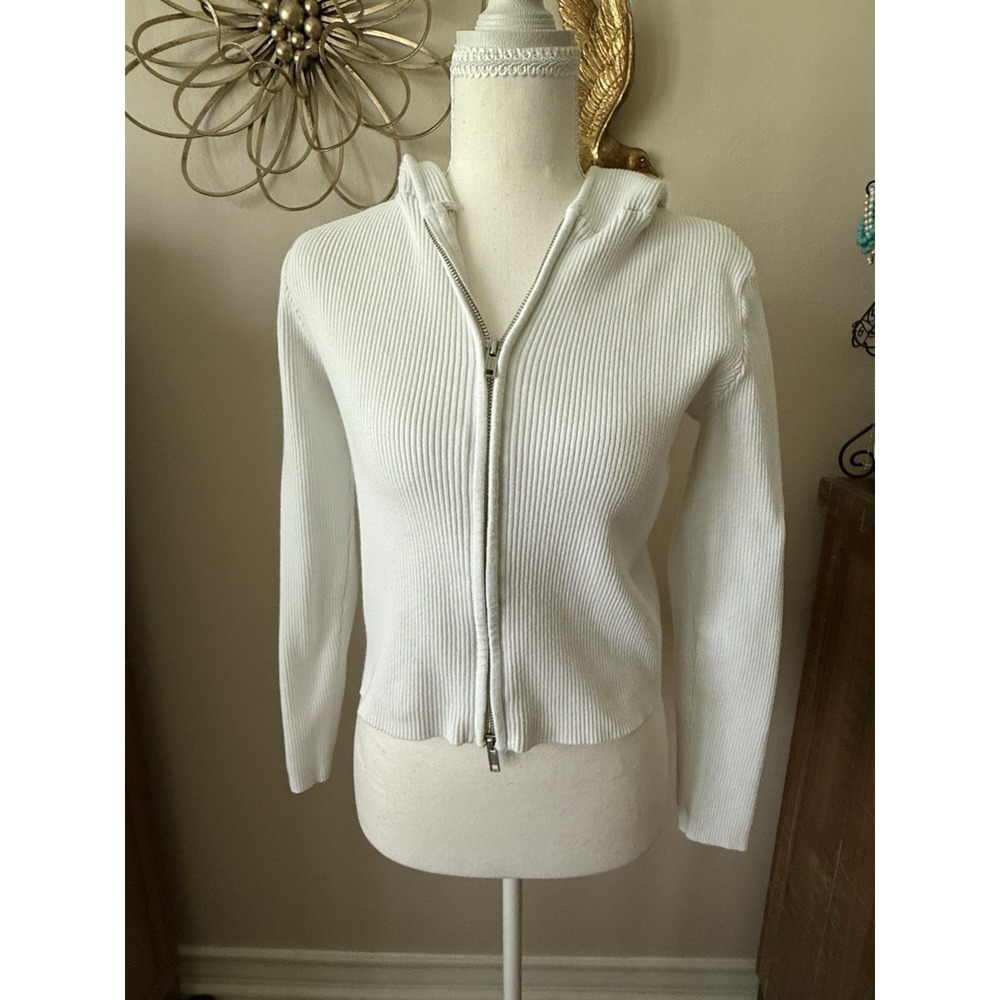 Brandy Melville White Ribbed Knit Zip Up Hoodie Sweater One Size Fitted